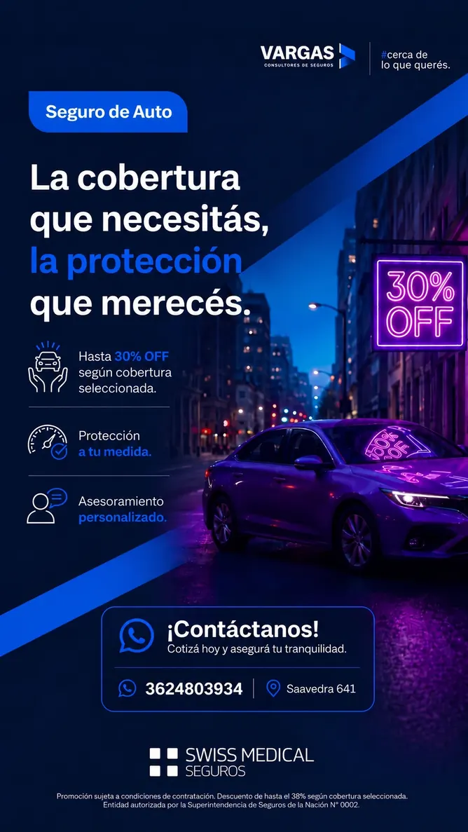 Seguro de auto Swiss Medical Seguros: hasta 30% OFF según cobertura seleccionada.
